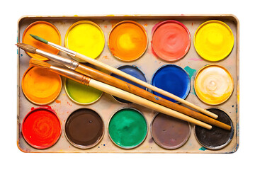 Watercolor paint set with brushes isolated on a white background