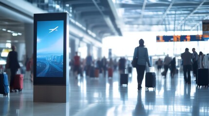 A sleek advertisement on a digital display in a bustling airport terminal, with travelers passing by and luggage in the foreground,AI Generative.