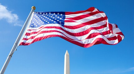 American flag waving near Washington Monument