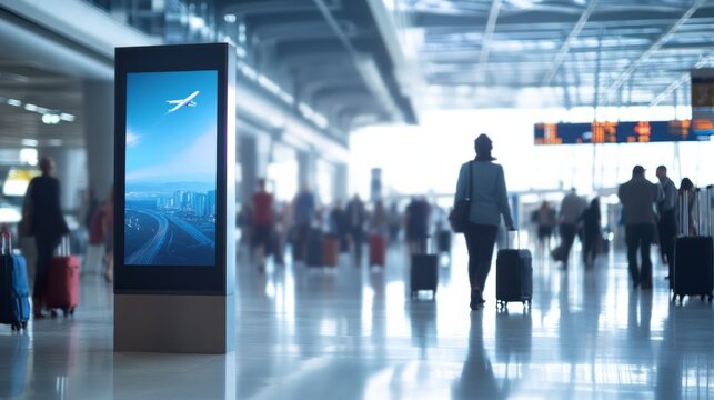 A sleek advertisement on a digital display in a bustling airport terminal, with travelers passing by and luggage in the foreground,AI Generative.