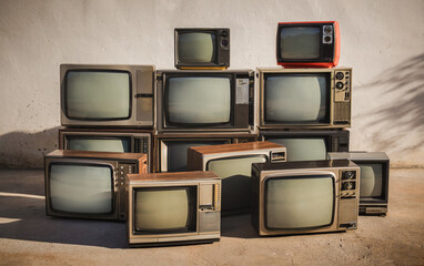 Old televisions pile on floor. Antique and vintage style photo, retro TVs blank screen display