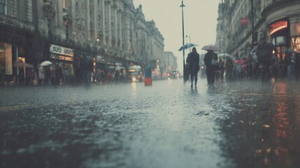 A rainy day in a city with people walking on the street