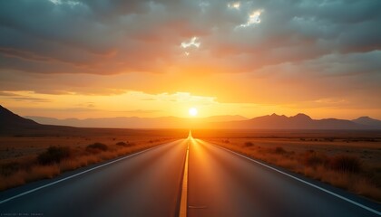 Fototapeta premium Sunset Road in Desert Landscape with Mountain Range and Vibrant Sky