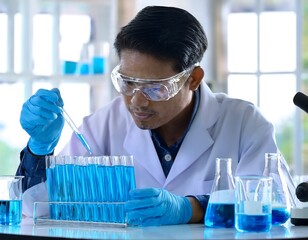 Focused young male scientist wearing safety goggles and blue gloves using a dropper to add liquid to test tubes filled with blue solution in a laboratory setting.