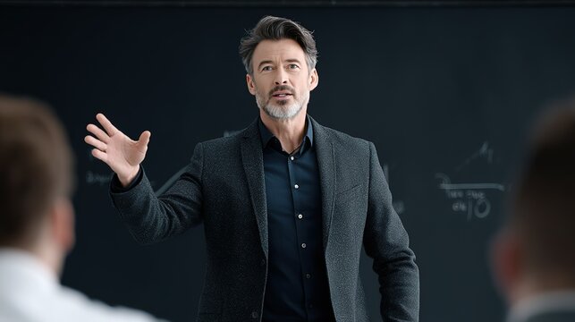 Mature businessman giving a presentation explaining concepts to a group of attentive colleagues in a modern classroom