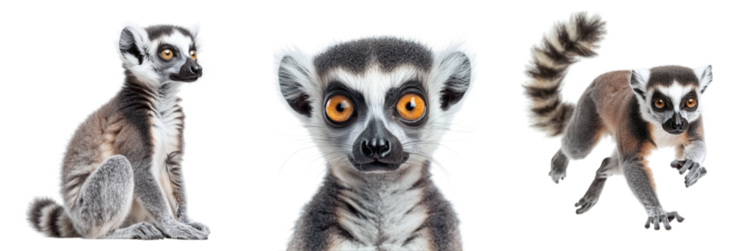 Set of cute lemurs isolated on transparent background PNG