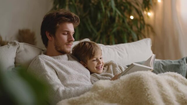 Caucasian father and little child resting together on white couch under warm blanket at home. Cozy family evening, parent bonding moment. Lifestyle parenting concept