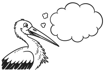 Cartoon stork with a thought bubble isolated on white background