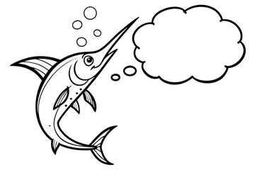 A majestic swordfish contemplates with a thought bubble above its head isolated on white background