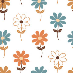 Hand-drawn Floral Seamless Pattern with Daisies and Leaves – Vintage Botanical Design