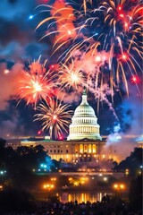 Capitol building under fireworks in the night