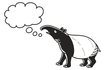 Cartoon tapir with a long nose is thinking with a thought bubble isolated on white background