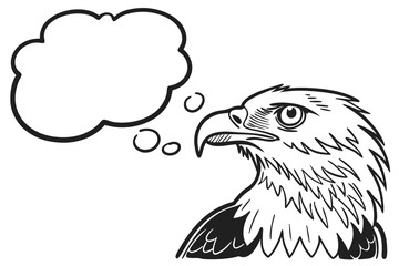 Cartoon eagle with a sharp beak is thinking with a thought bubble isolated on white background