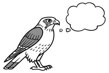 Cartoon hawk with a thought bubble isolated on white background illustrating its inner thoughts and ideas in a simple and expressive design