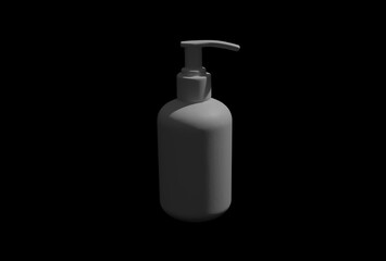 3D rendering of a plastic soap dispenser bottle against black background.