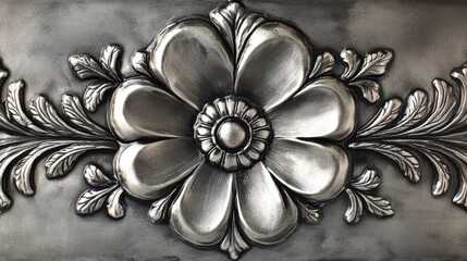 Ornate, embossed floral design on a metallic surface.