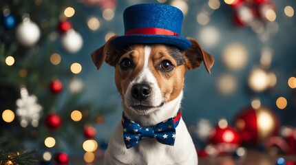 Dog with hat and bow tie portrait