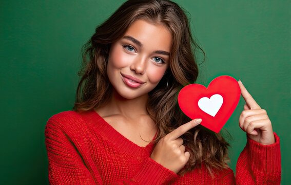 A young woman holding a red heart-shaped sign, pointing her finger at a social media icon, isolated against a green background