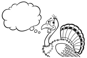 Cartoon turkey with a thought bubble looks up and smiles isolated on white background