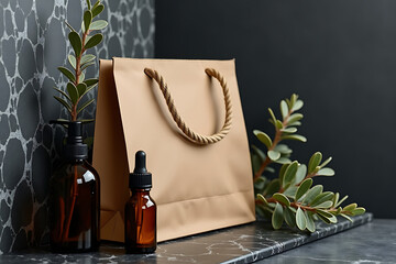 Shopping Bag.Sleek cosmetic droppers in matte cardboard bag with eucalyptus, AI-generated