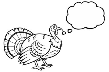 Cartoon turkey with a blank thought bubble isolated on white background in a simple black and white illustration