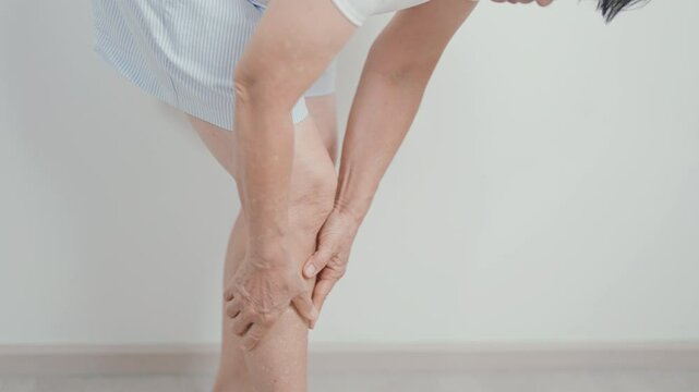 Elderly woman having Calf pain for concepts of Calf Muscle Strain, muscle pull, Leg Cramp, Sprain, aches, Varicose Veins, Deep Vein, world Thrombosis day, Senior Health care and medical treatment