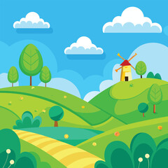 Naklejka premium Rolling Green Hills, Windmill, and Countryside Landscape Illustration