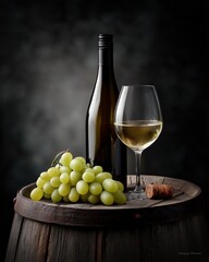 Obraz premium Bottle and glass of white wine sitting on rustic barrel with green grapes