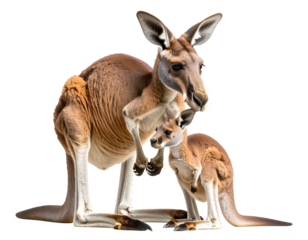 Gentle Mother Kangaroo Gazing Down at Her Standing Joey, Affectionate Wildlife Moment, isolated on transparent background