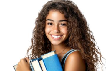 Cheerful young girl with curly hair holding stack of blue books, posing joyfully in bright environment, promoting education and love for reading