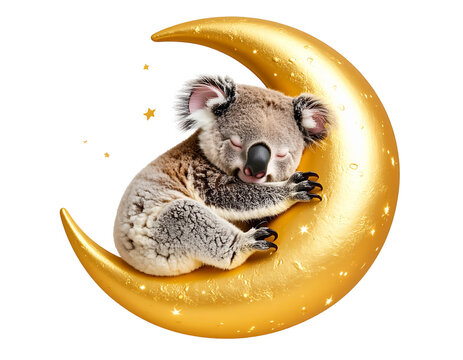 Fluffy Koala Sleeping on a Crescent Moon, fantasy illustration, isolated on transparent background