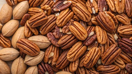 Pecan nuts background. Suitable for marketing or business purposes. Panoramic banner with place for text