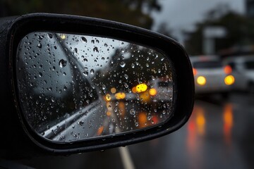 A car's rear view mirror is covered in raindrops
