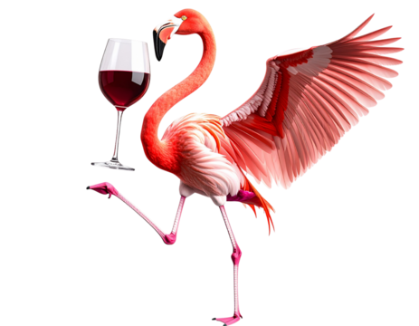  Flamingo Balancing Wine Glass on Wing Tip, Creative Realism, isolated on transparent background