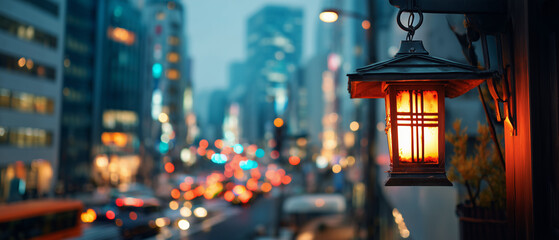 traditional paper chinese lantern on the big city at night background; concept of travel to china, mix of tradition and modern