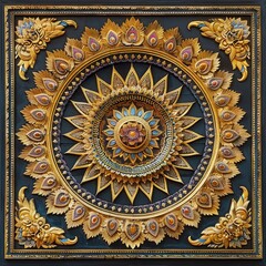 Fototapeta premium Intricate Golden Mandala Asian Art Decorative Panel Relief Carving Temple Design