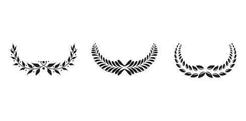 Set of black laurel wreath and branches isolated on transparent background. Leaf in circle frames. Simple illustration of laurel wreath. Symbol of victory and achievement. Heraldic