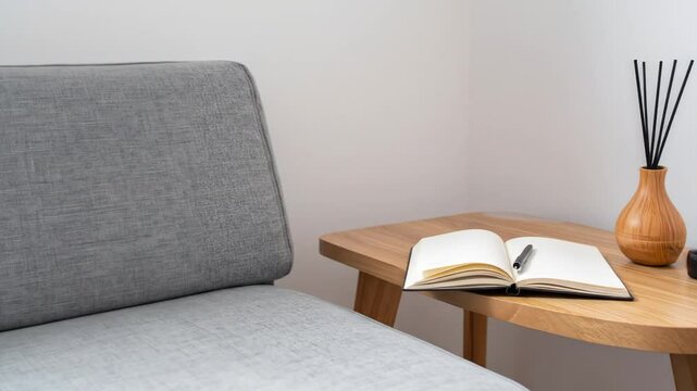 A gray upholstered couch, a light wooden side table with an open notebook and pen, and a diffuser