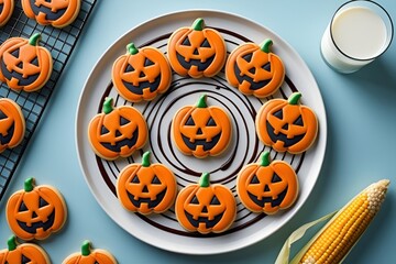 Halloween Pumpkin Cookies Flat Lay with Milk on Blue Background