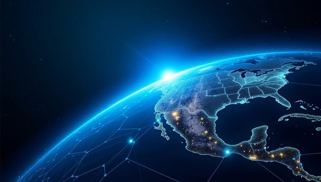 Communication technology for internet business. Global world network and telecommunication on earth cryptocurrency and blockchain and IoT. Elements of this image furnished
