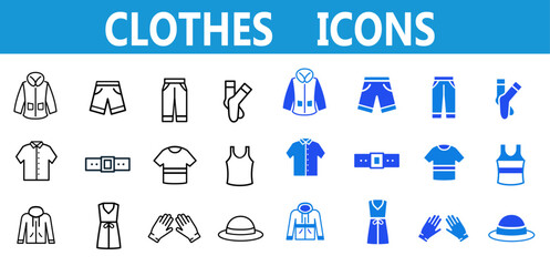 Clothes line and flat icons set. Woman and man clothes and accessories collection. Fashion wardrobe. Editable Vector illustration. 