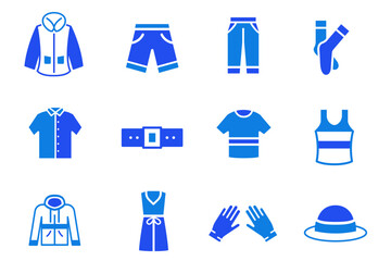 Clothes solid flat icons set. Woman and man clothes and accessories collection. Fashion wardrobe. Editable Vector illustration. 