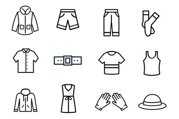 Clothes line stroke icons set. Woman and man clothes and accessories collection. Fashion wardrobe. Editable Vector illustration. 