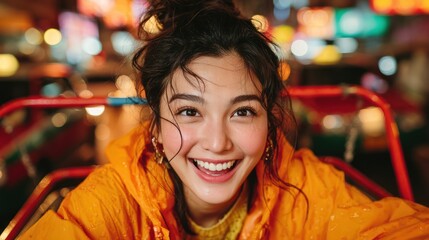 Close-up portrait of a young woman with a vibrant smile, seated in a carnival ride, bathed in colorful, out-of-focus lights