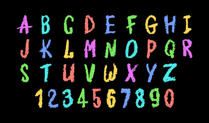 Colorful vector illustration of the English alphabet and numbers 0-9, hand-drawn in a crayon, chalk, pastel, or wax style. Highlighter effect on a board, perfect for kindergarten drawing and learning.