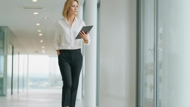 Caucasian woman walking in modern office hallway with digital tablet, reading business document. Corporate lifestyle and professional executive concept in minimal interior