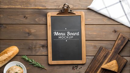 Rustic menu board mockup wooden background food presentation restaurant cafe chalkboard template design