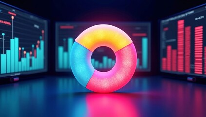 A digital 3D bar graph illustrates financial stock market growth with modern business data and technology