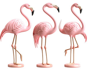 Obraz premium Elegant Trio of Pink Flamingo Sculptures with Unique Postures, 3D Render, isolated on transparent background