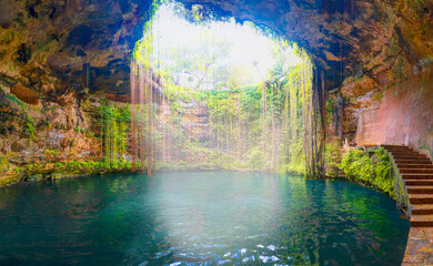 Beautiful sunlight in a Ik-Kil Cenote - Lovely cenote in Yucatan Peninsulla with transparent waters...